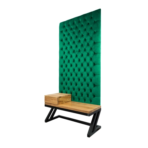 Ławka Metalowa z Panelem Ściennym Pikowanym Butelkowa Zieleń Siedzisko Drewno Lite LPPK-50 Rozmiary od 50 cm do 100 cm