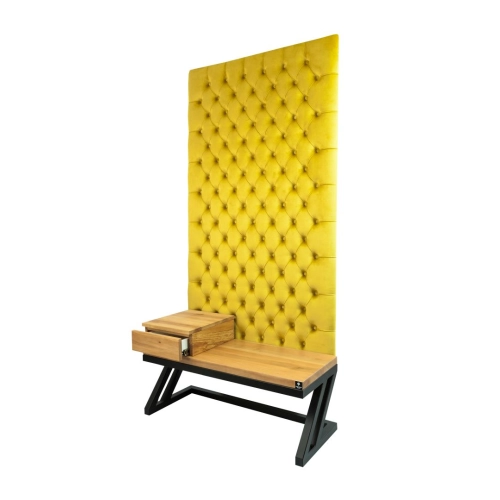 Ławka Metalowa z Panelem Ściennym Pikowanym Cytrynowa Żółcień Siedzisko  Drewno Lite LPPK-50 Rozmiary od 50 cm do 100 cm