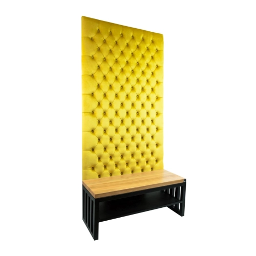 Ławka Metalowa z Panelem Ściennym Pikowanym Cytrynowa Żółcień Siedzisko Drewno Lite LPPK-51 Rozmiary od 50 cm do 100 cm