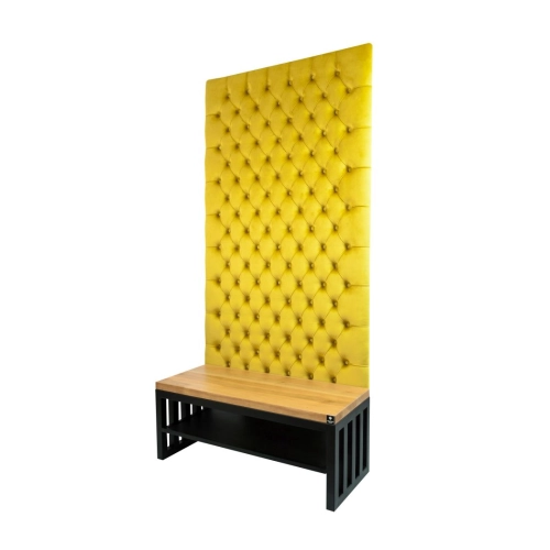 Ławka Metalowa z Panelem Ściennym Pikowanym Cytrynowa Żółcień Siedzisko Drewno Lite LPPK-51 Rozmiary od 50 cm do 100 cm