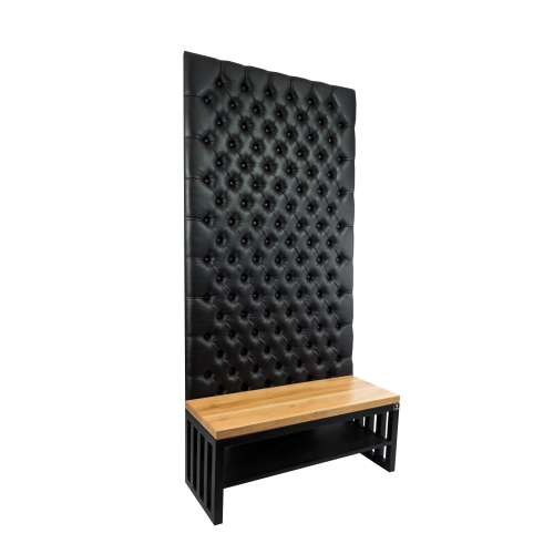 Ławka Metalowa z Panelem Ściennym Pikowanym Czarna Ekoskóra Siedzisko Drewno Lite LPPK-51 Rozmiary od 50 cm do 100 cm