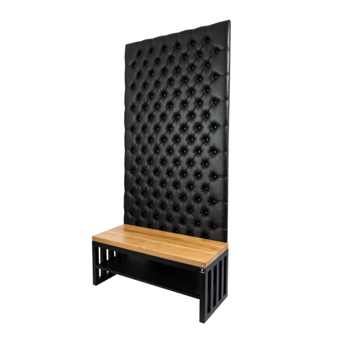 Ławka Metalowa z Panelem Ściennym Pikowanym Czarna Ekoskóra Siedzisko Drewno Lite LPPK-51 Rozmiary od 50 cm do 100 cm