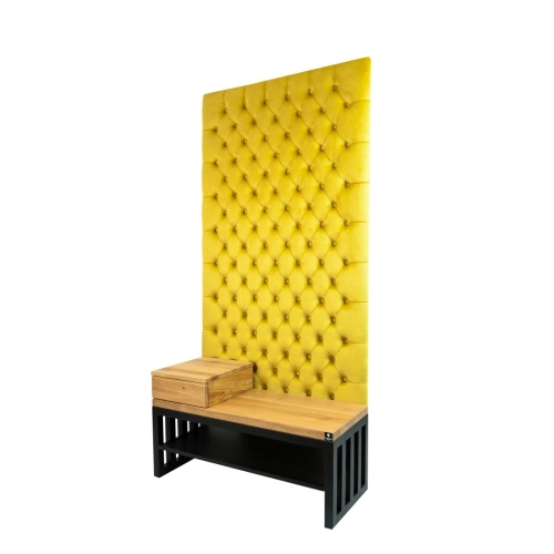 Ławka Metalowa z Panelem Ściennym Pikowanym Cytrynowa Żółcień Siedzisko  Drewno Lite LPPK-52 Rozmiary od 50 cm do 100 cm