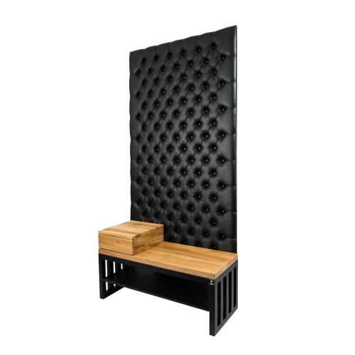 Ławka Metalowa z Panelem Ściennym Pikowanym Czarna Ekoskóra Siedzisko  Drewno Lite LPPK-52 Rozmiary od 50 cm do 100 cm