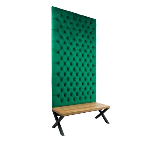 Ławka Metalowa z Panelem Ściennym Pikowanym Butelkowa Zieleń Siedzisko Drewno Lite LPPK-55 Rozmiary od 50 cm do 100 cm
