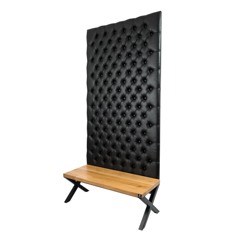 Ławka Metalowa z Panelem Ściennym Pikowanym Czarna Ekoskóra Siedzisko Drewno Lite LPPK-55 Rozmiary od 50 cm do 100 cm