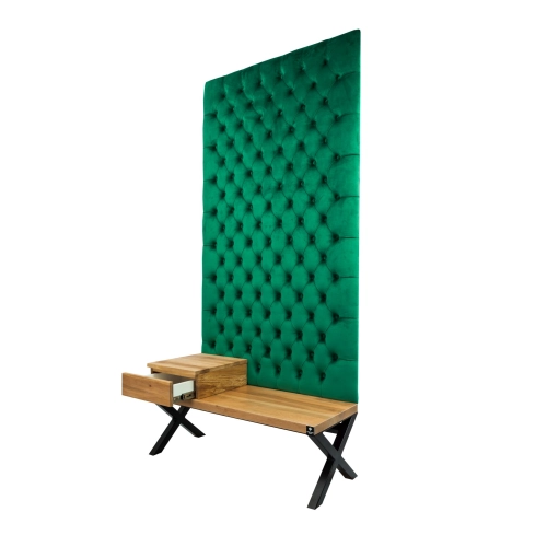 Ławka Metalowa z Panelem Ściennym Pikowanym Butelkowa Zieleń Siedzisko Drewno Lite LPPK-56 Rozmiary od 50 cm do 100 cm