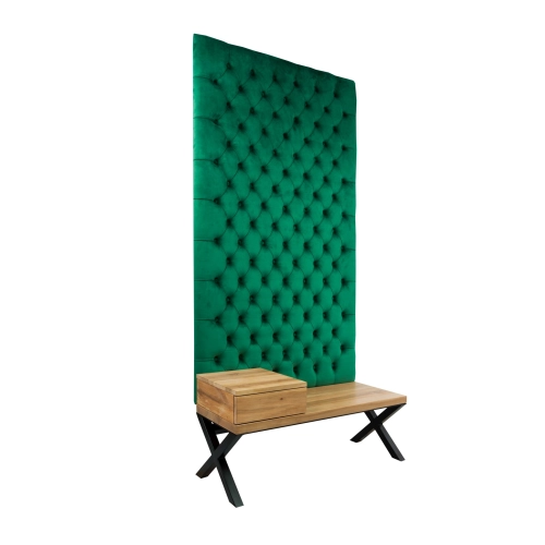 Ławka Metalowa z Panelem Ściennym Pikowanym Butelkowa Zieleń Siedzisko Drewno Lite LPPK-56 Rozmiary od 50 cm do 100 cm