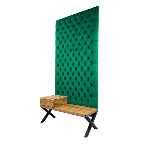 Ławka Metalowa z Panelem Ściennym Pikowanym Butelkowa Zieleń Siedzisko Drewno Lite LPPK-56 Rozmiary od 50 cm do 100 cm