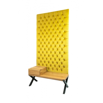 Ławka Metalowa z Panelem Ściennym Pikowanym Cytrynowa Żółcień Siedzisko Drewno Lite LPPK-56 Rozmiary od 50 cm do 100 cm