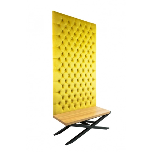 Ławka Metalowa z Panelem Ściennym Pikowanym Cytrynowa Żółcień Siedzisko Drewno Lite LPPK-59 Rozmiary od 50 cm do 100 cm