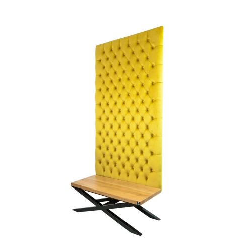 Ławka Metalowa z Panelem Ściennym Pikowanym Cytrynowa Żółcień Siedzisko Drewno Lite LPPK-59 Rozmiary od 50 cm do 100 cm