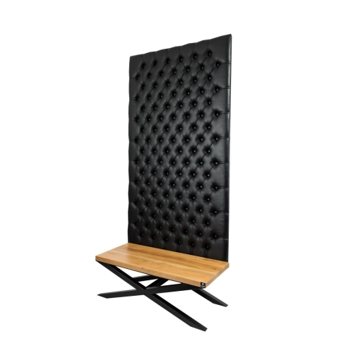 Ławka Metalowa z Panelem Ściennym Pikowanym Czarna Ekoskóra Siedzisko Drewno Lite LPPK-59 Rozmiary od 50 cm do 100 cm