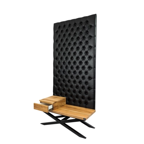 Ławka Metalowa z Panelem Ściennym Pikowanym Czarna Ekoskóra Siedzisko Drewno Lite LPPK-60 Rozmiary od 50 cm do 100 cm