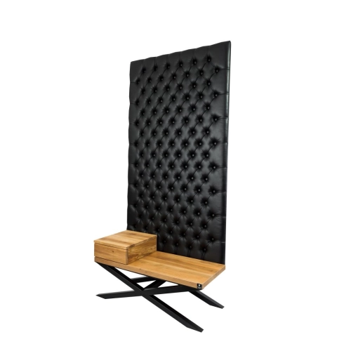 Ławka Metalowa z Panelem Ściennym Pikowanym Czarna Ekoskóra Siedzisko Drewno Lite LPPK-60 Rozmiary od 50 cm do 100 cm