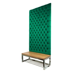Ławka Metalowa z Panelem Ściennym Pikowanym Butelkowa Zieleń Siedzisko Drewno Lite LPPK-63 Rozmiary od 50 cm do 100 cm