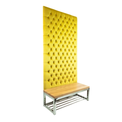 Ławka Metalowa z Panelem Ściennym Pikowanym Cytrynowa Żółcień Siedzisko Drewno Lite LPPK-63 Rozmiary od 50 cm do 100 cm