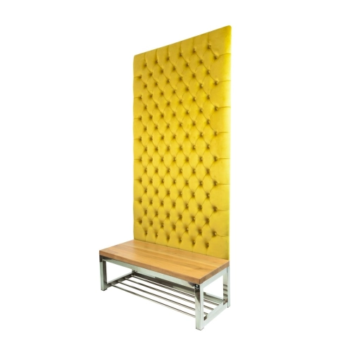 Ławka Metalowa z Panelem Ściennym Pikowanym Cytrynowa Żółcień Siedzisko Drewno Lite LPPK-63 Rozmiary od 50 cm do 100 cm