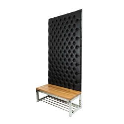 Ławka Metalowa z Panelem Ściennym Pikowanym Czarna Ekoskóra Siedzisko  Drewno Lite LPPK-63 Rozmiary od 50 cm do 100 cm