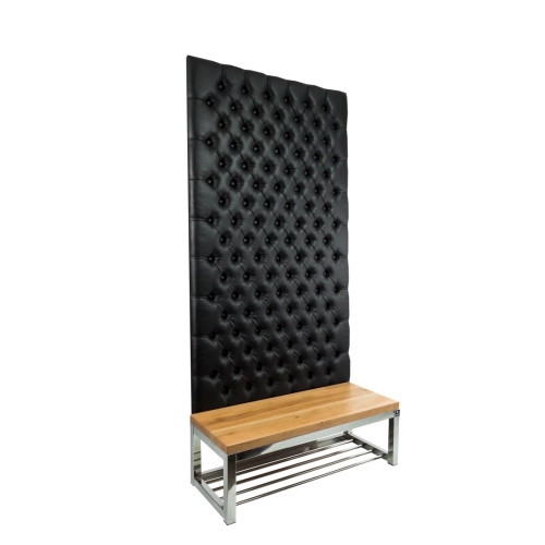 Ławka Metalowa z Panelem Ściennym Pikowanym Czarna Ekoskóra Siedzisko  Drewno Lite LPPK-63 Rozmiary od 50 cm do 100 cm