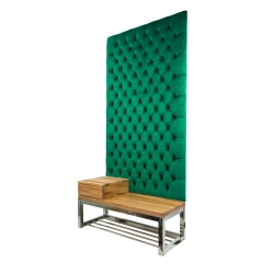 Ławka Metalowa z Panelem Ściennym Pikowanym Butelkowa Zieleń Siedzisko Drewno Lite LPPK-64 Rozmiary od 50 cm do 100 cm