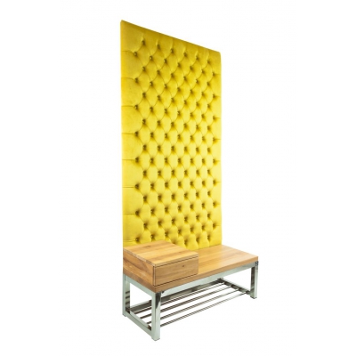 Ławka Metalowa z Panelem Ściennym Pikowanym Cytrynowa Żółcień Siedzisko  Drewno Lite LPPK-64 Rozmiary od 50 cm do 100 cm