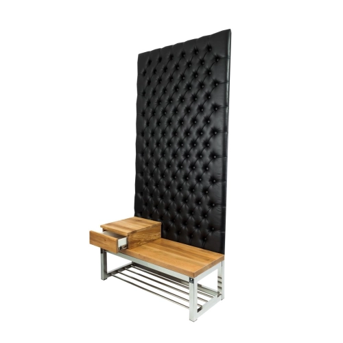 Ławka Metalowa z Panelem Ściennym Pikowanym Czarna Ekoskóra Siedzisko Drewno Lite LPPK-64 Rozmiary od 50 cm do 100 cm