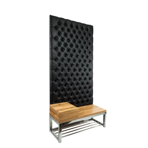 Ławka Metalowa z Panelem Ściennym Pikowanym Czarna Ekoskóra Siedzisko Drewno Lite LPPK-64 Rozmiary od 50 cm do 100 cm