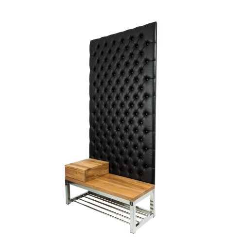 Ławka Metalowa z Panelem Ściennym Pikowanym Czarna Ekoskóra Siedzisko Drewno Lite LPPK-64 Rozmiary od 50 cm do 100 cm