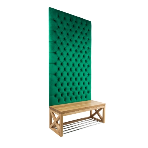 Ławka z Panelem Ściennym Pikowanym Butelkowa Zieleń Siedzisko  Drewno Lite LPPK-7 Rozmiary od 50 cm do 100 cm