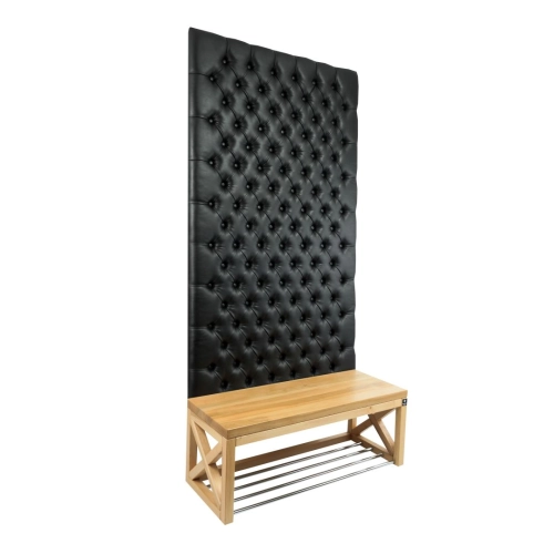 Ławka z Panelem Ściennym Pikowanym Ekoskóra Czarna Siedzisko Drewno Lite LPPK-7 Rozmiary od 50 cm do 100 cm