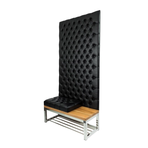 Ławka Metalowa z Panelem Ściennym Pikowanym Siedzisko Pikowane Czarna Ekoskóra LPPK-82 Rozmiary od 50 cm do 100 cm