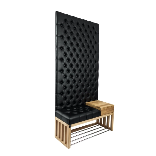 Ławka z Panelem Ściennym Pikowanym Czarna Ekoskóra Siedzisko Drewno Lite LPPK-94 Rozmiary od 50 cm do 100 cm
