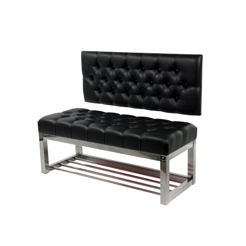 Ławka Metalowa z Oparciem Czarnym Pikowanym Stal Nierdzewna Szczotkowana / Polerowana LMO-1