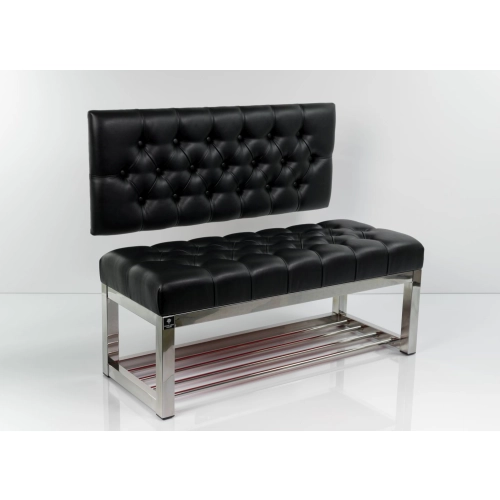 Ławka Metalowa z Oparciem Czarnym Pikowanym Stal Nierdzewna Szczotkowana / Polerowana LMO-1