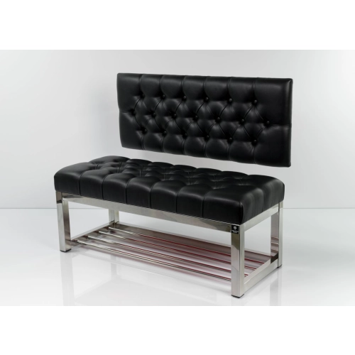 Ławka Metalowa z Oparciem Czarnym Pikowanym Stal Nierdzewna Szczotkowana / Polerowana LMO-1