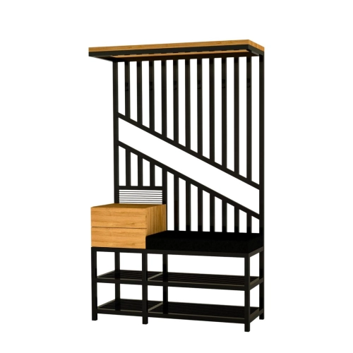 Ławka Do Przedpokoju Z Wieszakiem I Szufladą Metalowa Siedzisko Tapicerowane  Czarny Stal LMW-1