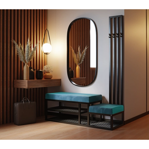 Ławka Do Przedpokoju Z Wieszakiem Metalowa Siedzisko Turkus Tapicerowane Stal LMW-15