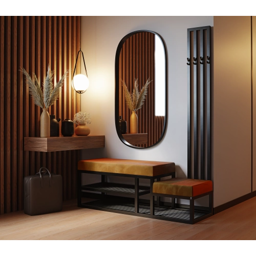 Ławka Do Przedpokoju Z Wieszakiem Metalowa Siedzisko Pomarańczowe Tapicerowane Stal LMW-15