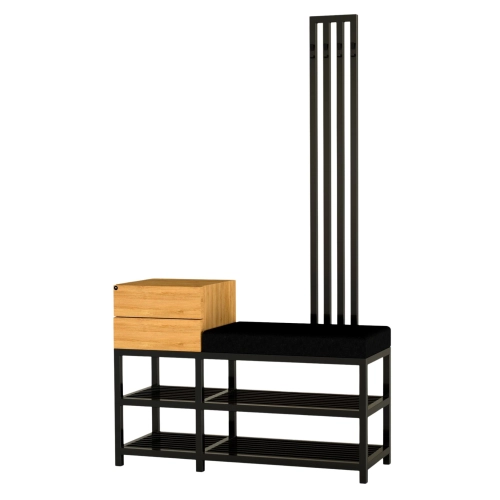 Ławka Do Przedpokoju Z Wieszakiem I Szufladą Metalowa Siedzisko Tapicerowane  Czarny Stal LMW-18