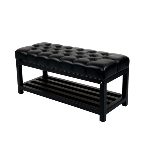 Ławka Pufa Pikowana Czarny Ekoskóra Guzik Tapicerowany Stal LPM-25 Rozmiary od 50 cm do 200 cm