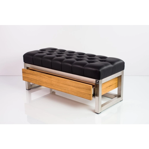 Ławka Pufa Pikowana Ekoskóra Czarny Stal Nierdzewna Szczotkowana / Polerowana LPMS-13 Rozmiary od 50 cm do 200 cm