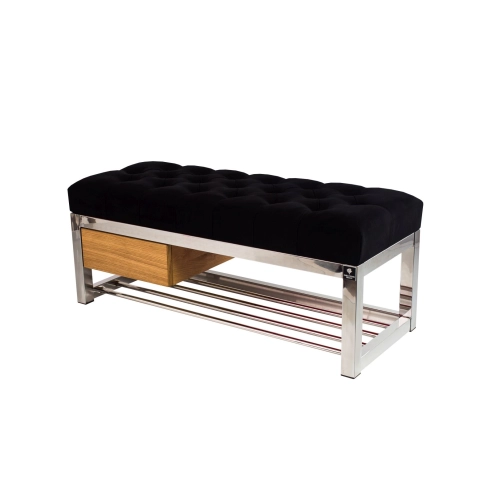 Ławka Pufa Pikowana Czarny Guzik Tapicerowany Stal Nierdzewna Szczotkowana / Polerowana LPMS-8 Rozmiary od 50 cm do 200 cm