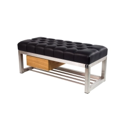 Ławka Pufa Pikowana Ekoskóra Czarny Stal Nierdzewna Szczotkowana / Polerowana LPMS-9 Rozmiary od 50 cm do 200 cm