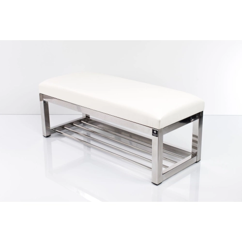 Ławka Pufa Tapicerowana Siedzisko Gładkie Ekoskóra Biały Stal Nierdzewna Szczotkowana / Polerowana LGM-4 Rozmiary od 50 cm do 200 cm