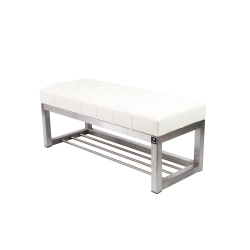 Ławka Pufa Pikowana Biały Guzik Tapicerowany Stal Nierdzewna Szczotkowana / Polerowana LPM-3 Rozmiary od 50 cm do 200 cm