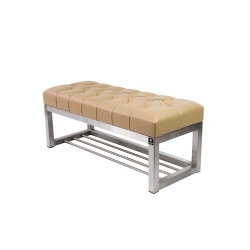 Ławka Pufa Pikowana Beż Guzik Tapicerowany Stal Nierdzewna Szczotkowana / Polerowana LPM-3 Rozmiary od 50 cm do 200 cm