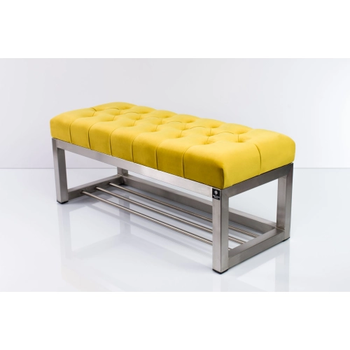Ławka Pufa Pikowana Cytrynowa Żółcień Guzik Tapicerowany Stal Nierdzewna Szczotkowana / Polerowana LPM-3 Rozmiary od 50 cm do 200 cm