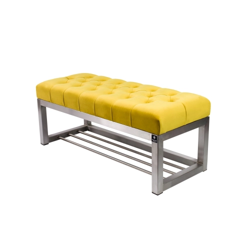 Ławka Pufa Pikowana Cytrynowa Żółcień Guzik Tapicerowany Stal Nierdzewna Szczotkowana / Polerowana LPM-3 Rozmiary od 50 cm do 200 cm