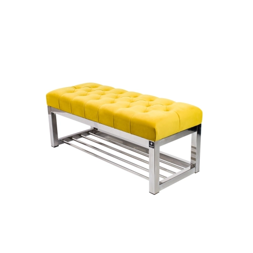 Ławka Pufa Pikowana Cytrynowa Żółcień Guzik Tapicerowany Stal Nierdzewna Szczotkowana / Polerowana LPM-4 Rozmiary od 50 cm do 200 cm